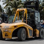 Heavy-duty forklift parked among tropical palm trees in a sunny storage area.